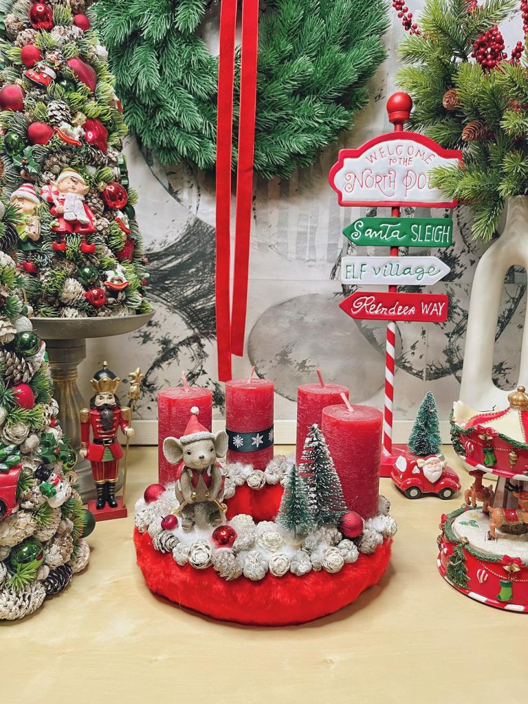 Adventi koszorú síelő egérrel piros színű 1