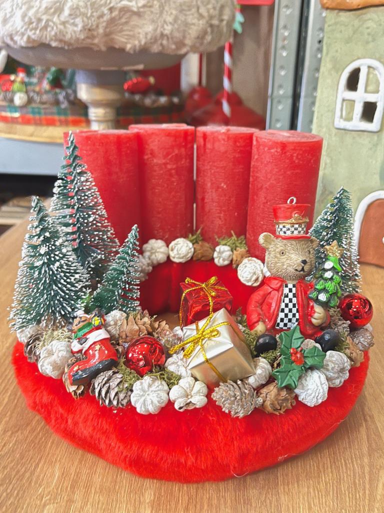 Adventi koszorú diótörő macival, piros-zöld, 24cm 1