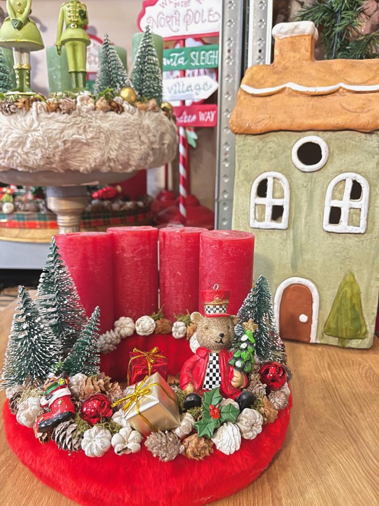 Adventi koszorú diótörő macival, piros-zöld, 24cm 1