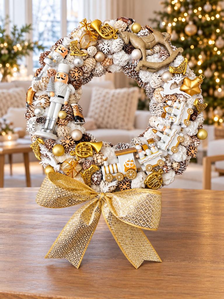Adventi kopogtató diótörővel és vonattal, fehér-arany, 34cm 1