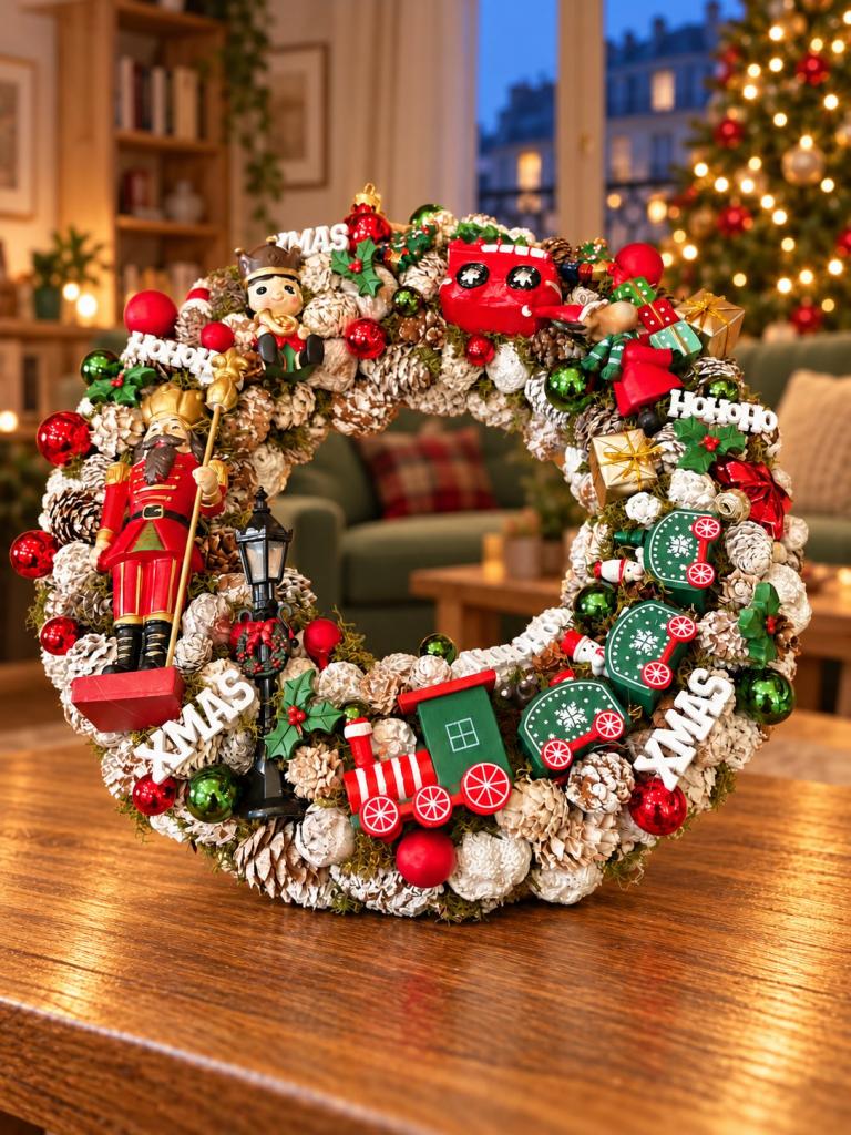 Adventi kopogtató diótörővel és vonattal, piros-zöld, 34cm 1
