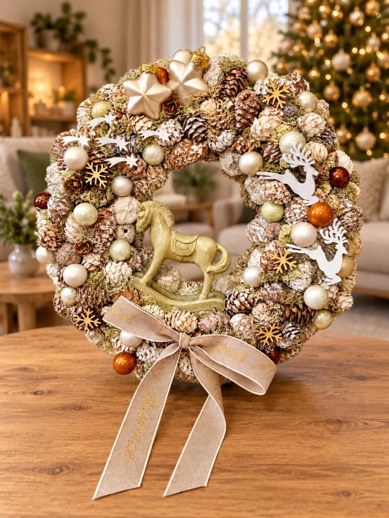 Adventi kopogtató hintalóval, pezsgő-bézs, 28cm 1