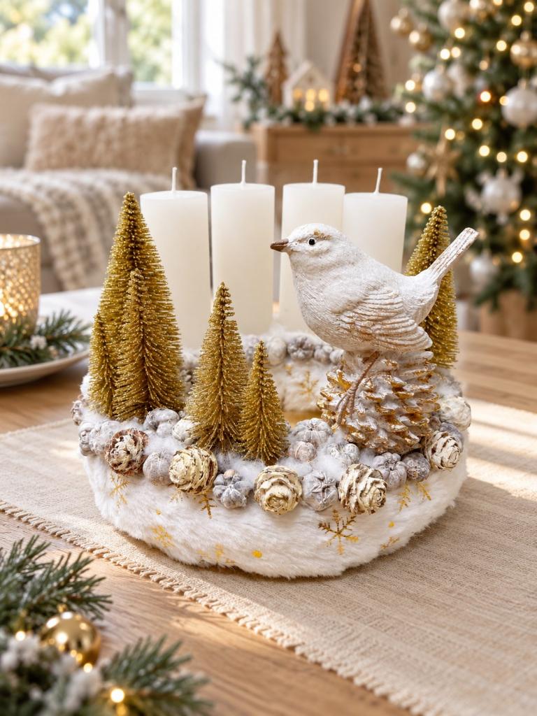 Adventi koszorú arany-fehér madárral 1