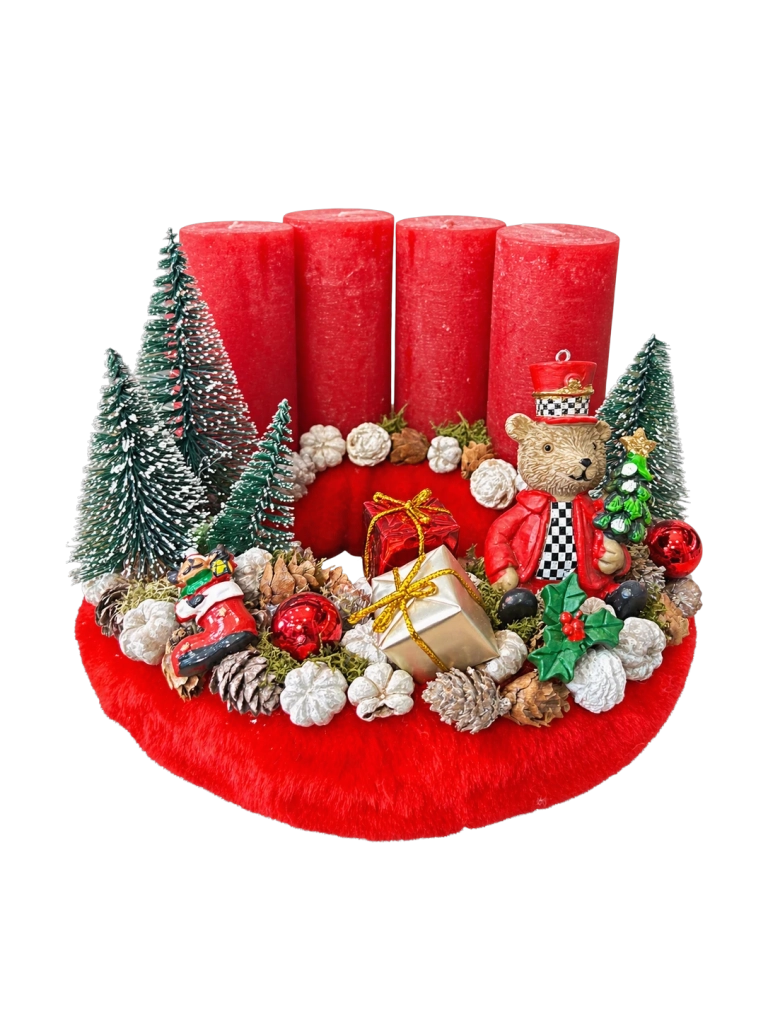 Adventi koszorú diótörő macival, piros-zöld, 24cm 1