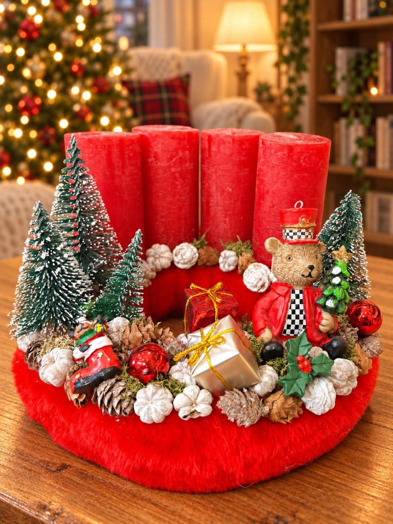 Adventi koszorú diótörő macival, piros-zöld, 24cm 1