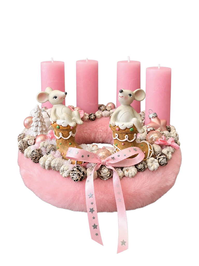 Adventi koszorú egerekkel, rózsaszín, 28cm 1