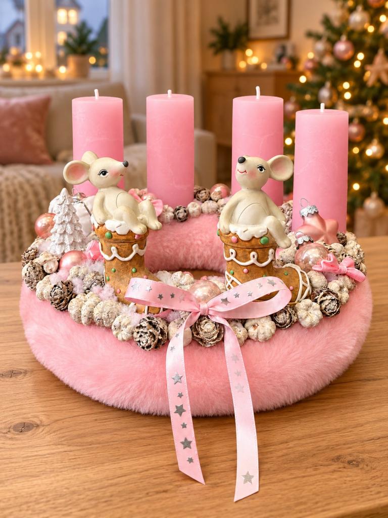 Adventi koszorú egerekkel, rózsaszín, 28cm 1
