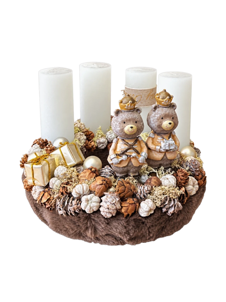 Adventi koszorú maci királyi párral, barna-fehér, 24cm 1