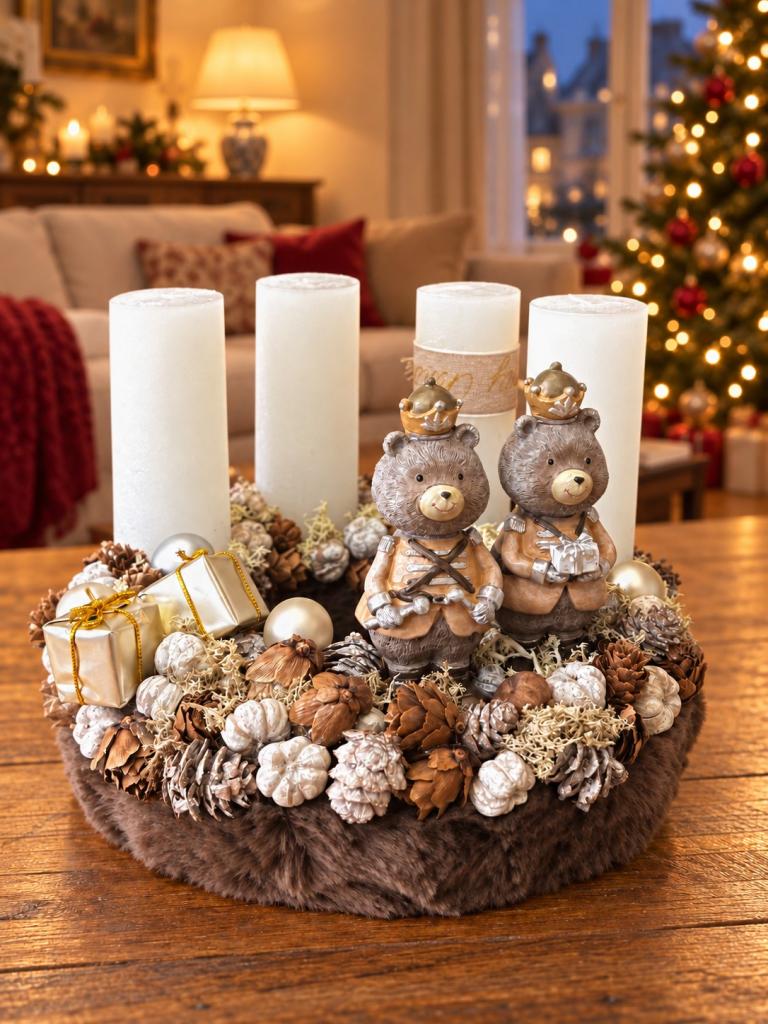 Adventi koszorú maci királyi párral, barna-fehér, 24cm 1