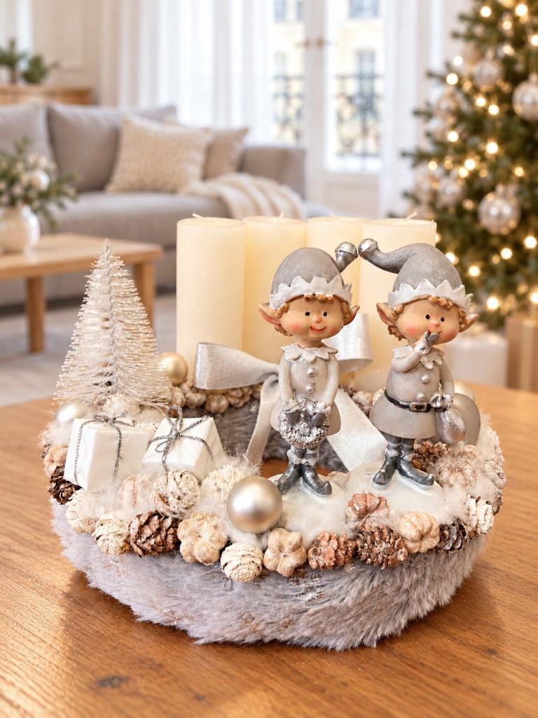 Adventi koszorú manókkal, ezüst-fehér, 24cm