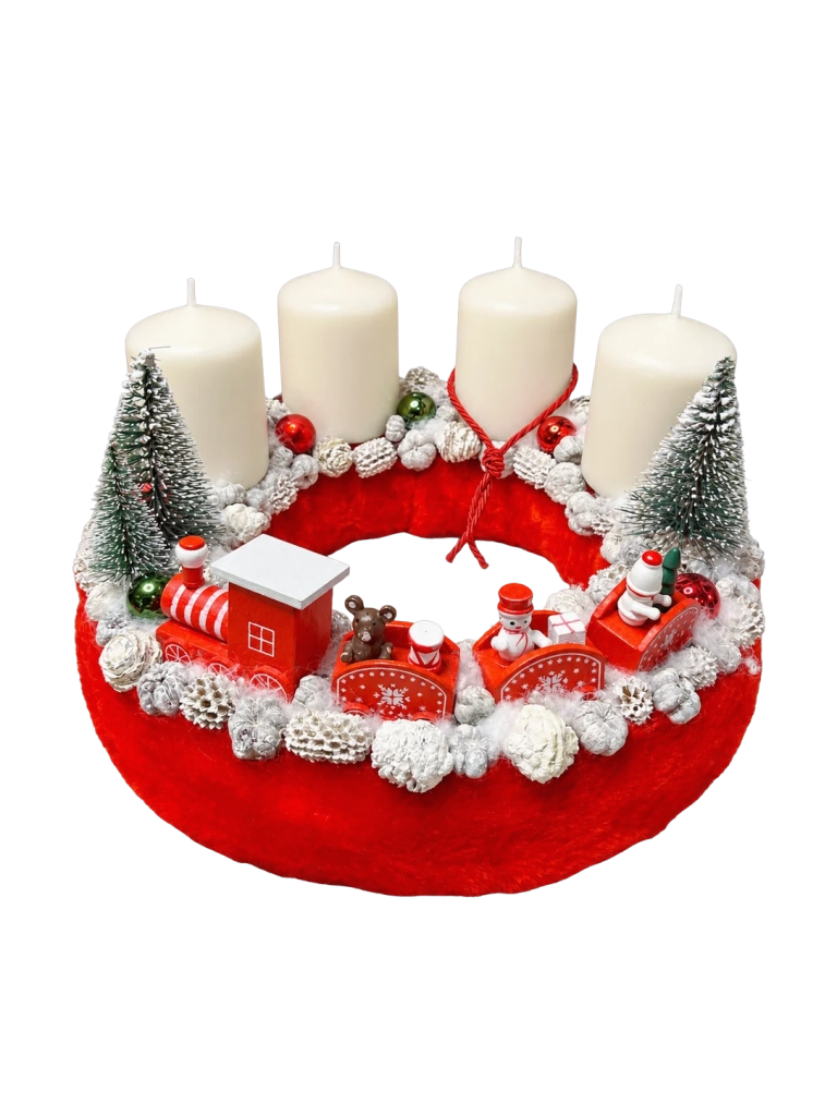 Adventi koszorú piros vonattal 1