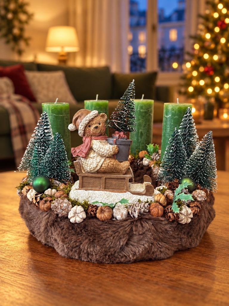 Adventi koszorú szánkózó macival, zöld-barna, 28cm 1
