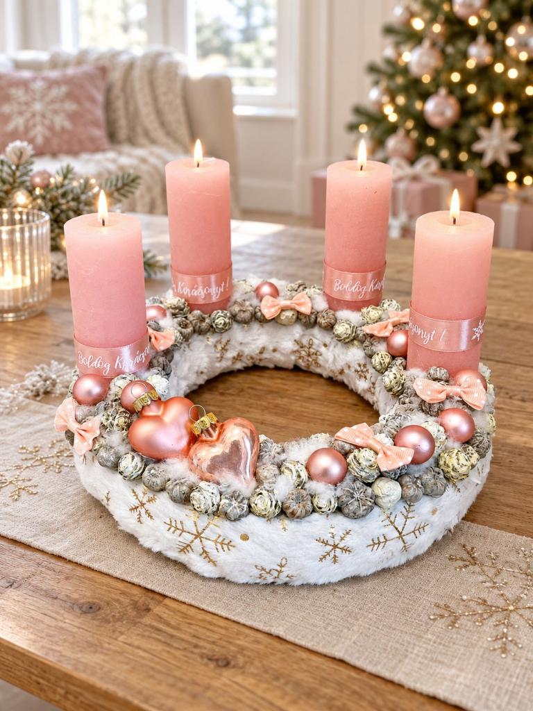 Adventi koszorú szívvel, púder színű 1