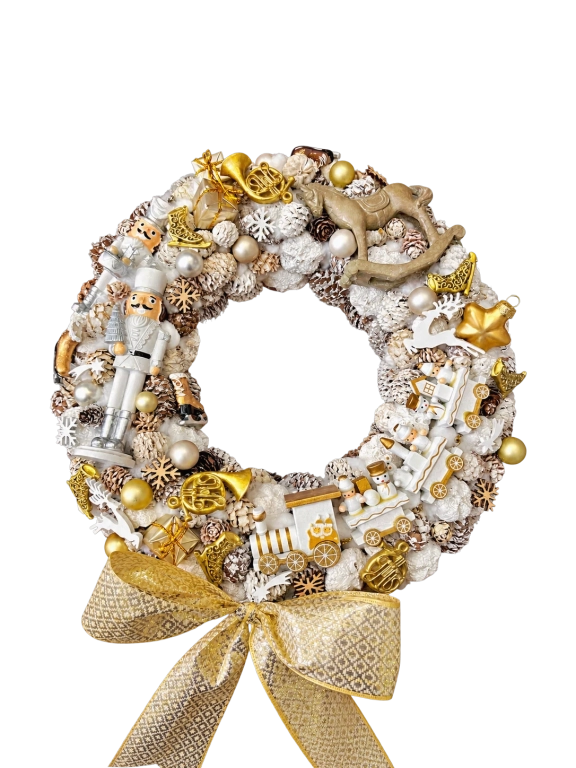 Adventi kopogtató diótörővel és vonattal, fehér-arany, 34cm