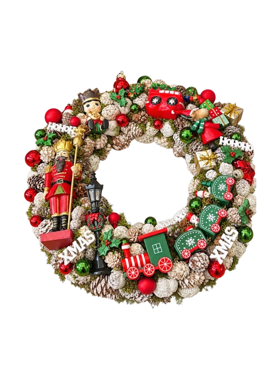 Adventi kopogtató diótörővel és vonattal, piros-zöld, 34cm