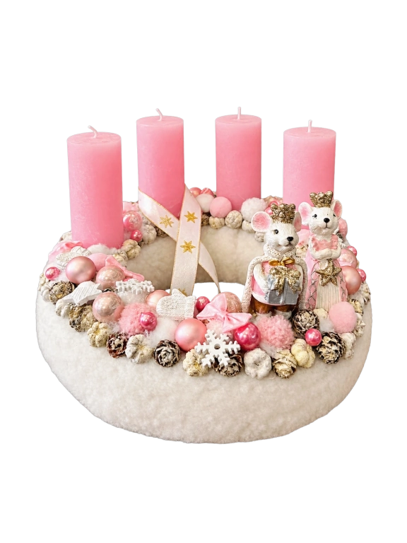 Adventi koszorú egér királyi párral, pasztell rózsaszín, 28cm