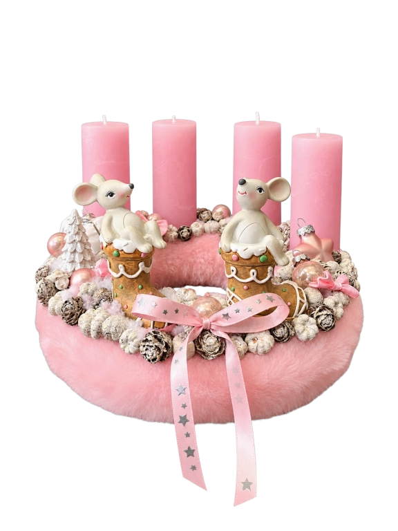 Adventi koszorú egerekkel, rózsaszín, 28cm