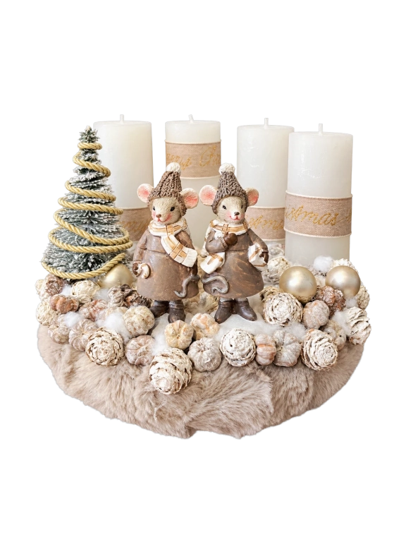 Adventi koszorú egérpárral, bézs-krém, 24cm