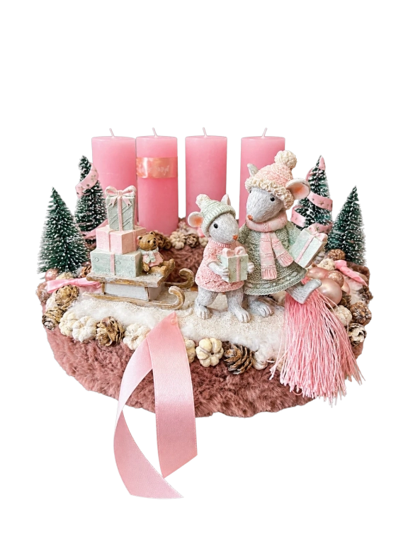 Adventi koszorú egérpárral és szánkóval, pasztell rózsaszín, 28cm