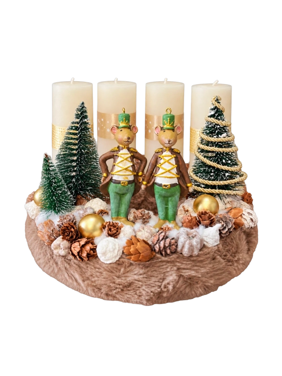 Adventi koszorú katona egerekkel, bézs-zöld, 24cm