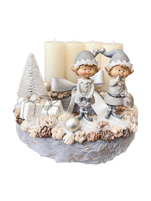 Adventi koszorú manókkal, ezüst-fehér, 24cm
