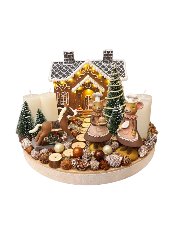 Adventi koszorú mézeskalács házikóval és pék egerekkel, fatálcán, 35cm