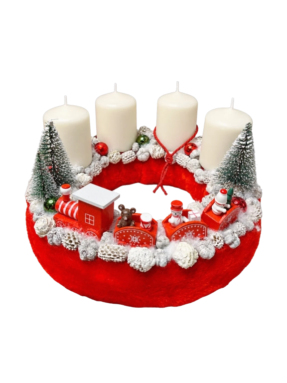 Adventi koszorú piros vonattal