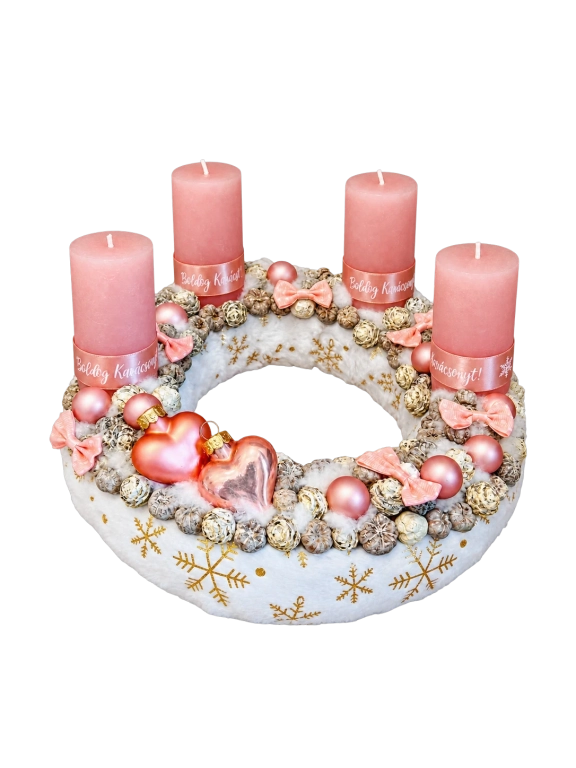 Adventi koszorú szívvel, púder színű