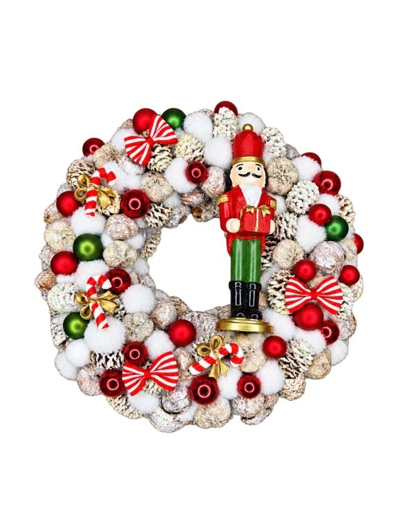 Fehér-piros-zöld adventi kopogtató diótörővel
