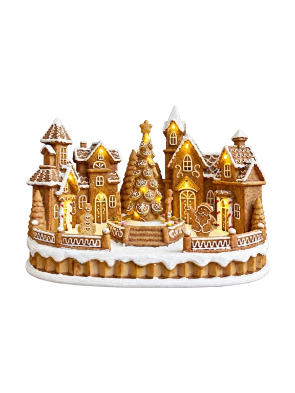 Mézeskalács város fenyővel Led-es30x20x21cm világítós