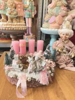 Adventi koszorú egérpárral és szánkóval, pasztell rózsaszín, 28cm 5