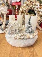 Adventi koszorú havas házikóval, ezüst-fehér, 24cm 3