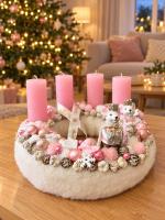 Adventi koszorú egér királyi párral, pasztell rózsaszín, 28cm 2