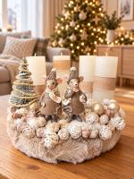 Adventi koszorú egérpárral, bézs-krém, 24cm 2