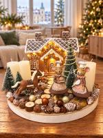 Adventi koszorú mézeskalács házikóval és pék egerekkel, fatálcán, 35cm 2